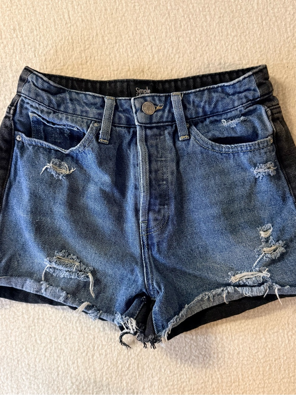 Simple Society Two-Tone High-Rise Distressed Cutoff Denim Shorts
